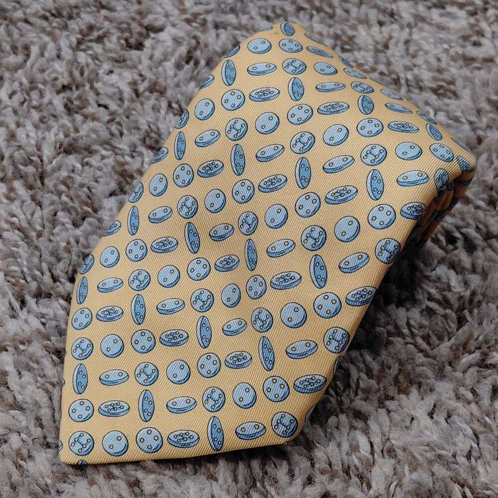 HERMES Tie 100% Silk Yellow Button Print Made In France Men’s Necktie 7975 EA
